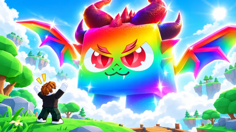 Official Roblox thumbnail: rainbow cube pet with wings above a sky island