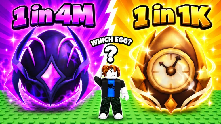 Official Roblox thumbnail contrasting a 1 in 4M egg and a 1 in 1K egg